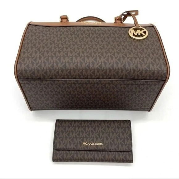 Michael Kors Medium Duffle Satchel Crossbody Bag & Trifold Wallet Brown - Picture 10 of 11